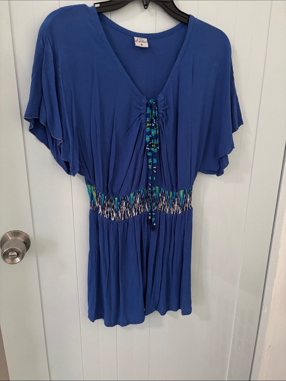 Blue V-Neck Flutter Sleeve Tunic with Smocked Waist